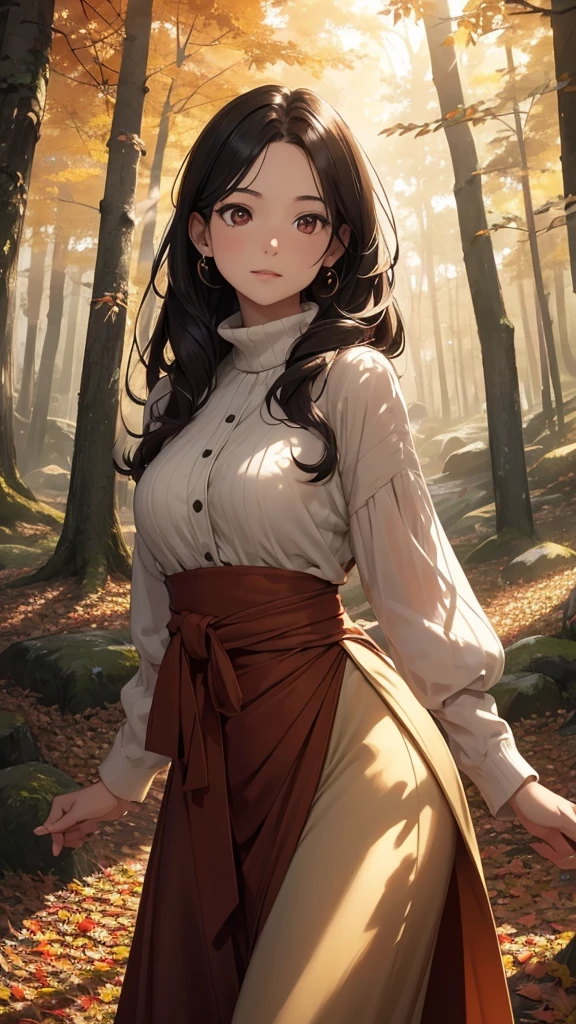 (best quality,highres,realistic)A girl walking through a row of trees, surrounded by the vibrant colors of autumn foliage. The girl, in her mid-30s, has sleek black hair that cascades down her back and striking red eyes that reflect the beauty of the season. She exudes a sense of joy and excitement as she explores the picturesque scene.
Her perfect body is accentuated by her autumn attire, which complements the colors of nature. The fabric drapes delicately over her modest breasts, adding a touch of elegance to her appearance. With each step, her movements are graceful, and her hands are exquisitely detailed, expressing her excitement.
The background is meticulously crafted, immersing the girl in a serene and enchanting forest. The trees form a stunning row, their branches adorned with leaves of various warm hues. The surrounding environment is rich in detail, with leaves gently fluttering to the ground and a gentle breeze rustling through the trees.
The sky above is a mesmerizing display of colors, blending shades of orange, red, and gold, casting a warm glow upon the scene. The sunlight filters through the branches, creating captivating patterns of light and shadow on the forest floor.
Every element of this artwork is created with the highest level of realism, showcasing the finest details. The girl's eyes are extraordinary, reflecting her curiosity and zest for life. Her body and clothing are intricately portrayed, bringing them to life on the canvas. The hand that delicately brushes aside the leaves is so realistic that one can almost feel the touch.
The overall color palette of the artwork is carefully curated to enhance the autumn ambiance, with warm and earthy tones dominating the composition. The lighting is carefully designed to accentuate the girl's features and create a harmonious atmosphere.
This artwork is a masterpiece, capturing the beauty of autumn and the joy of exploration. It invites viewers to immerse themselves in the scene, appreciating t