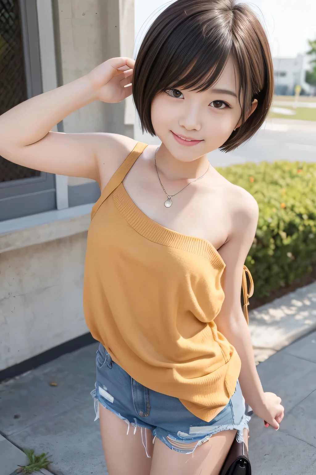 Beautiful 12 year old girl, One-shoulder tank top, A refreshing smile, Short Bob