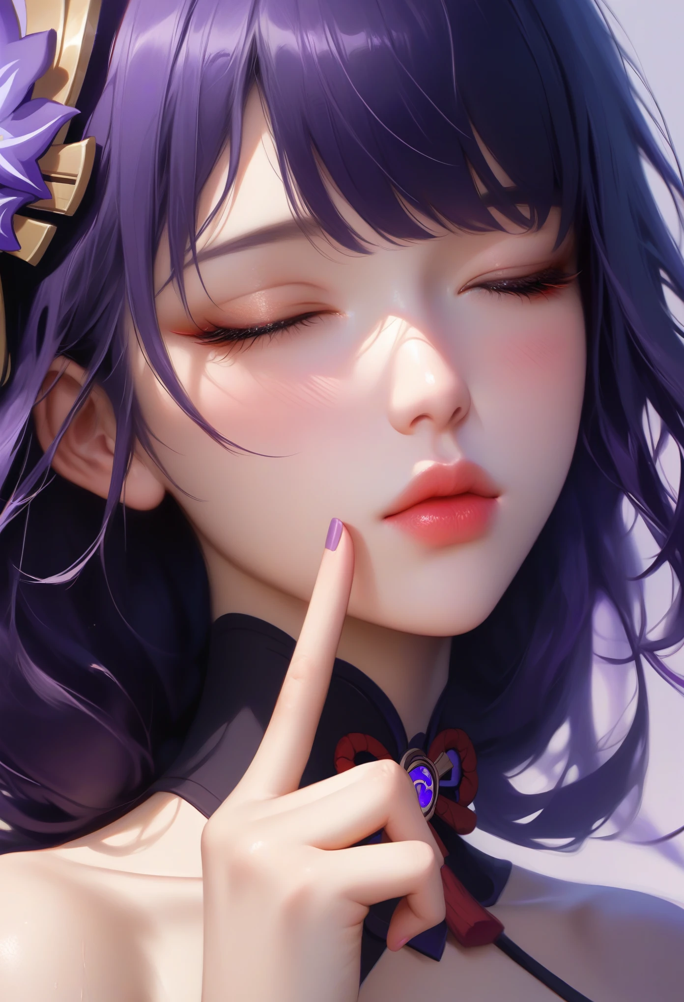 score_9, score_8_superior, score_7_superior, High-resolution images,masterpiece,Highest quality,girl,かわいいKissing Face,,Kissing Face, large breast ,Beautiful Skin,_Shogun_Genshin Impact, Purple long hair,One finger raised to his lips,Both eyes closed,Slouching