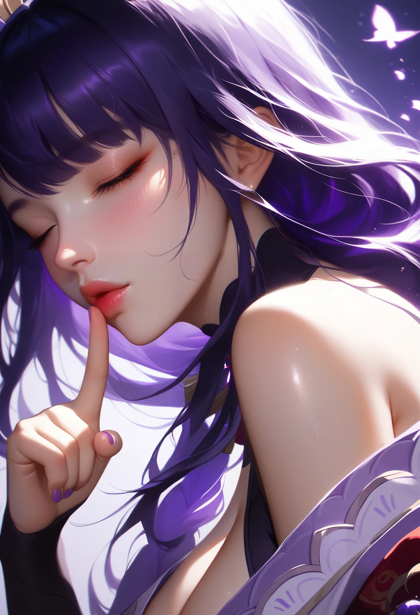 score_9, score_8_superior, score_7_superior, High-resolution images,masterpiece,Highest quality,girl,かわいいKissing Face,,Kissing Face, large breast ,Beautiful Skin,_Shogun_Genshin Impact, Purple long hair,One finger raised to his lips,Both eyes closed,Slouching