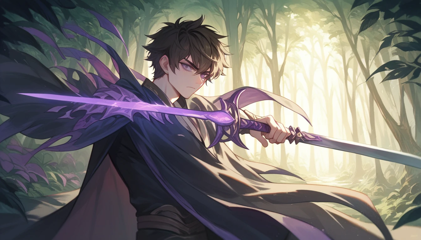 an 18yr young boy, shoulder length brown hair and purple eyes,powers shadow,holding sword light purple weapons, wearing a black robe facing,was attack on monster stone,8k,4k,HD,perfect lighting,in forest