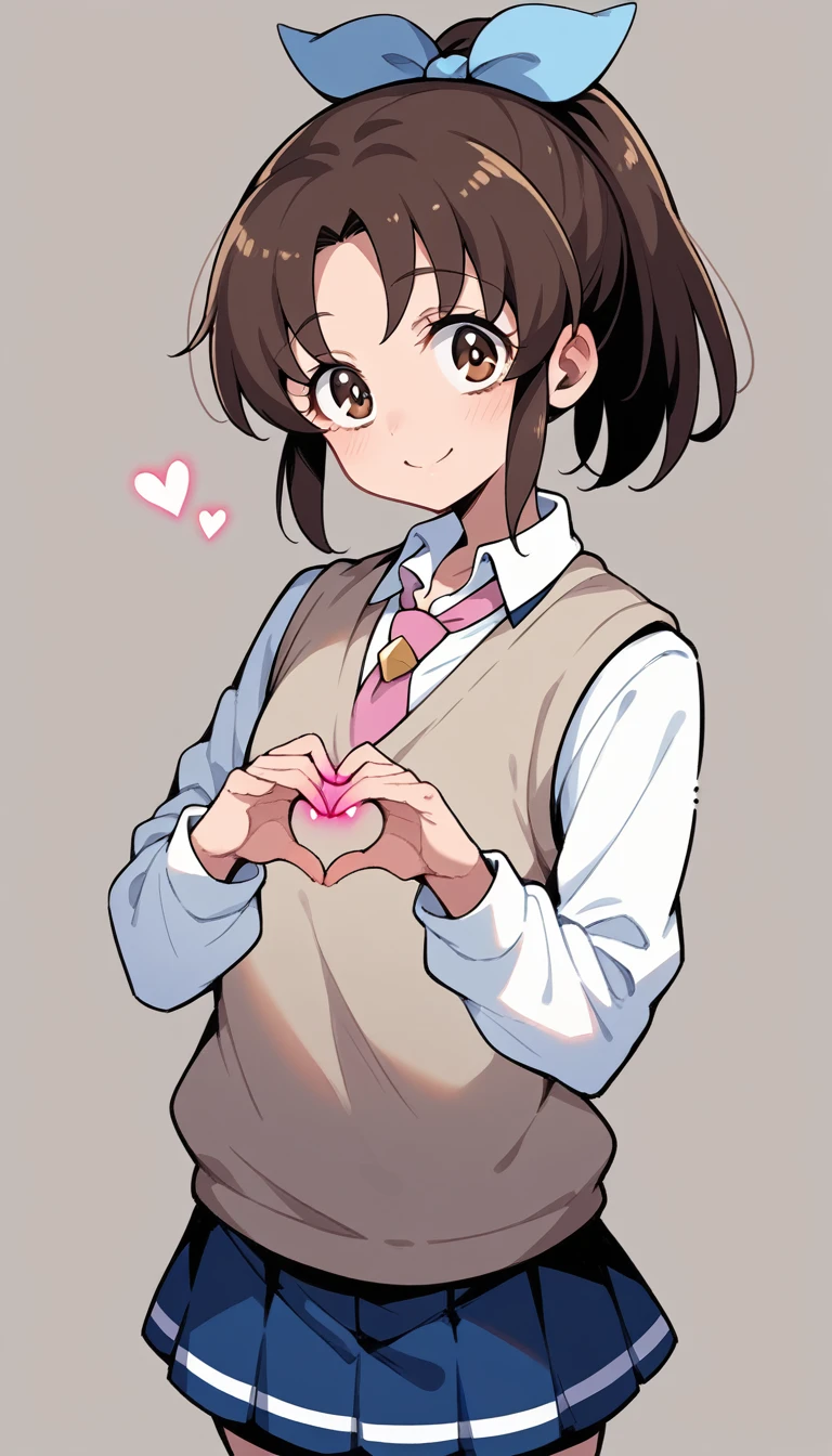 Score 9, Score 8 up, Score 7 up, The evaluation is questionable, Detailed Background, Glowing Skin, Nao Midorikawa, (brown hair), Sagging eyes, brown eyes, ponytail, (Light blue hair ribbon),  School Uniform, Pink tie, (Grey box pleated skirt), (Navy sweater vest), girl, Grab your chest, smile, Clevis, Heart with hands placed in front of chest, Viewer discretion advised,