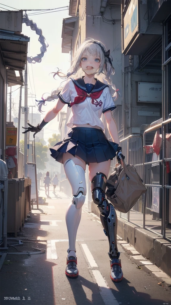 Full Body Shot,Perfect Eyes, Soft Light, high quality, 8k resolution, Masterpiece: Finely textured skin, Attention to detail, 最high quality, Awards, Very detailed, high quality,(( Girls,Student Uniform,High school girl,Body 30％mechanical,Laugh naturally:1.35,The left leg is a prosthetic:1.25,His right arm is a complete prosthetic.,,Prosthetic arms and legs are futuristic,Soft looking lips,Glowing skin,Hair is braided,Hair Accessories,Soft-looking skin:1.25)),100 Meter Sprint:1.25,Running at full speed,I&#39;m good at running,Run with your thighs up