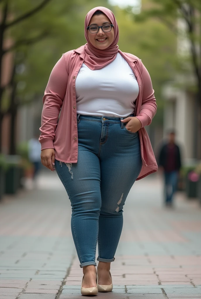 (8k, RAW Photo, Best Quality, Masterpiece: 1.2), (Realistic, Realistic: 1.37), Ultra High Resolution, Photon Mapping, Physically Based Rendering, 1girl, pink_shirt, wearing hijab, long hijab, big boobs, long curly hair, bangs, walking, urban city, rain,