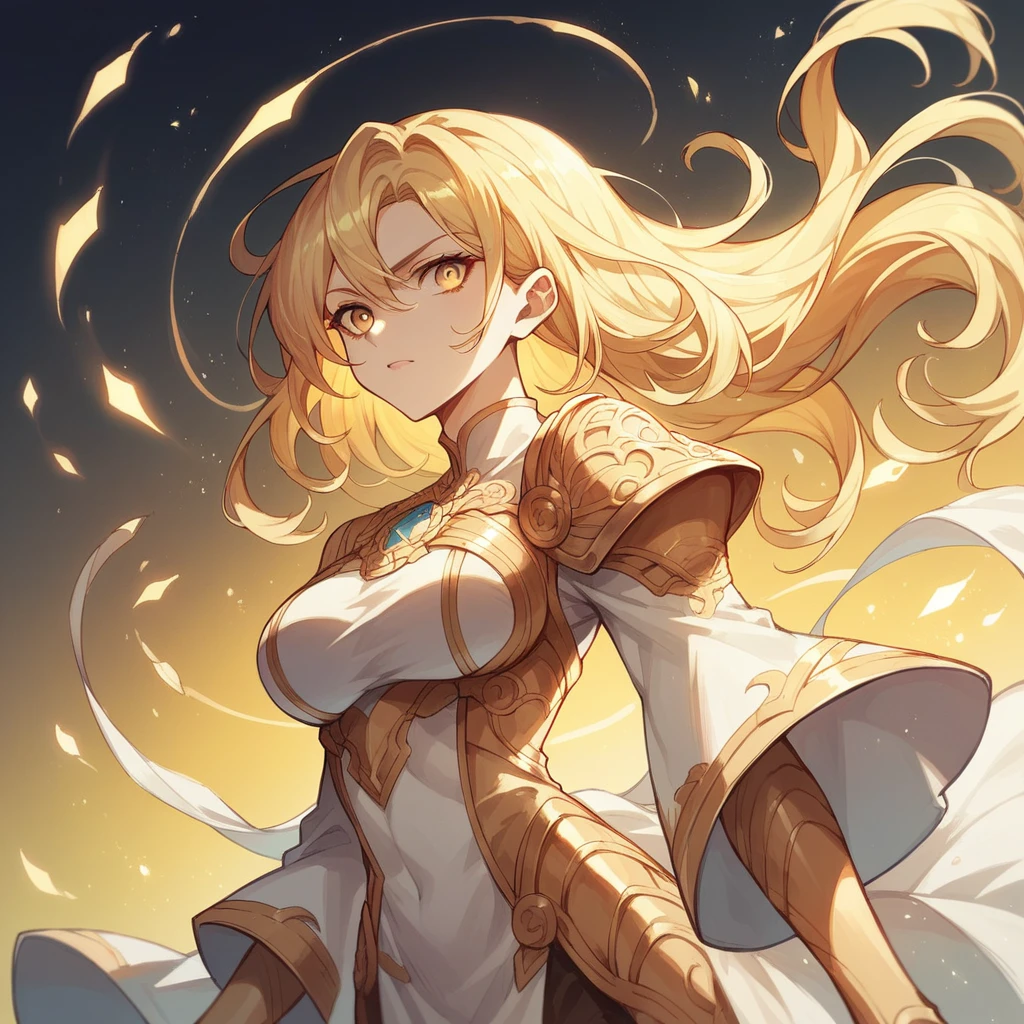 girl, Flowing golden blonde hair, Yellow Eyes, Golden Imperial Costume, Neckline, anime, In the background is a clear sky with sparkling lights, Dynamic Angle, Derisive laughter