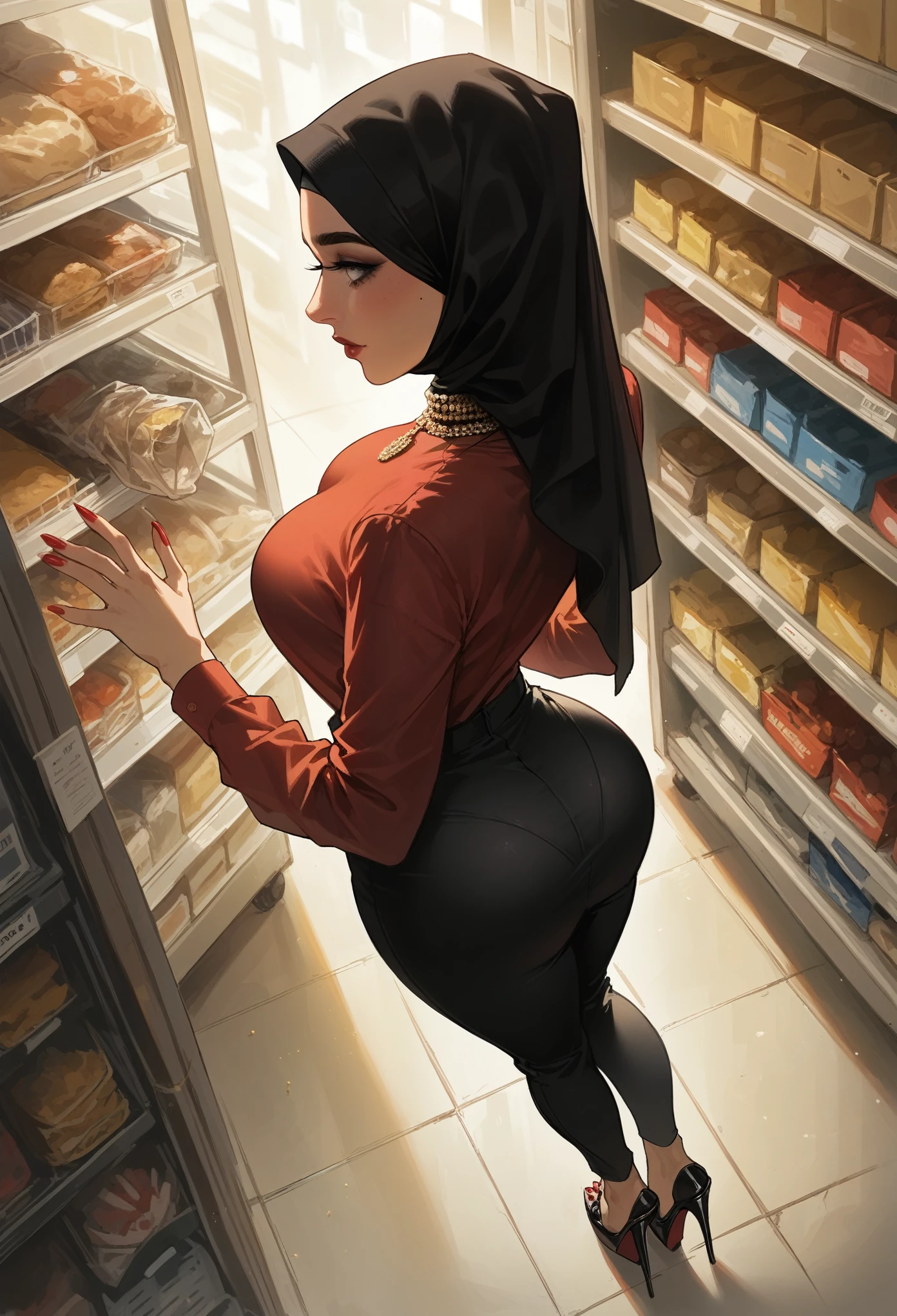 An arabic woman, with big natural breasts, big rounded ass, wear black silk hijab, platform heel, make-up, polished nails, red office button-up shirt, yellow lining on shirt collar and sleeve of shirt, tight black fabric pants, convenience store cashier, dramatic lighting, rim light coming from top, sexy scene, shot from above.