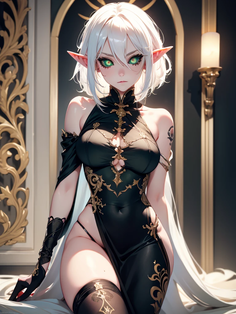 1girl, White hair, green eye, black sclera, detailed face, beautiful face, detailed eye, elf, tattooed, full body, tall, perfect anatomy, suggestive pose