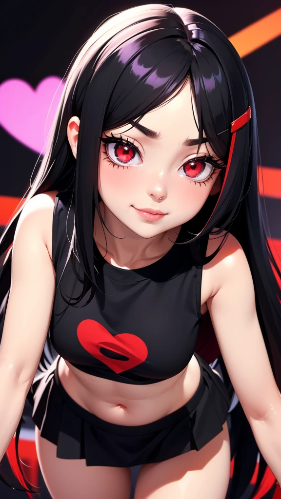 1girl, black hair, long eyelashes, light smile, tusk, striated hair, multicolored hair, colored inner hair, red hair, hair clip, mole under eyes, incompatible pupils, empty eyes, red pupils, dilated pupils, heart-shaped pupils, nose ring, smiling, pouty lips, black thin tank top, black mini skirt, shadow, anaglyph, depth of field, motion blur, brightness, color field painting, anime style, 8k, super detail, best quality, UHD, 8k  