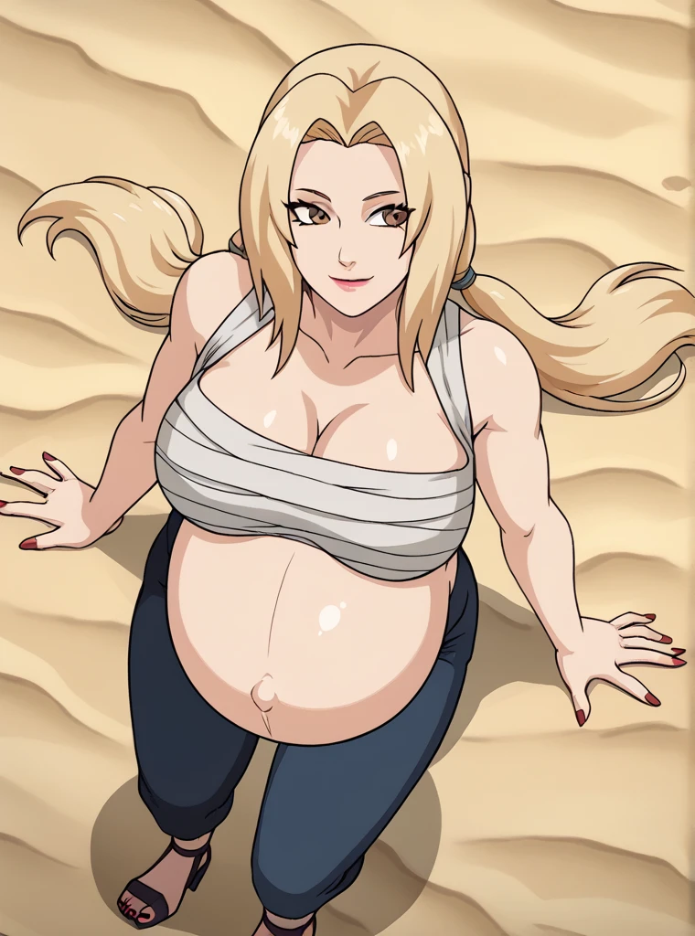 score_9, score_8_above, score_7_above, score_6_above, score_5_above, score_4_above, Tsunade, blonde hair, Big breasts, mature female, blue pants, long blonde hair, Two low pigtails, Soft and silky hair, light brown eyes, pale skin, Looking forward, smiling, posing,
Big breasts, pregnant, huge belly, big belly, belly button, posing, blue pants, green maternity gown, Chest bandage, Nail polish, Rubbing the belly, playa, background on the beach, heels,
High Quality, La mejor calidad, ultra detailed, masterpiece, whole body, Animated style, High Quality, ultra detailed, Quality of beast, anime style, high resolution, 8k resolution,