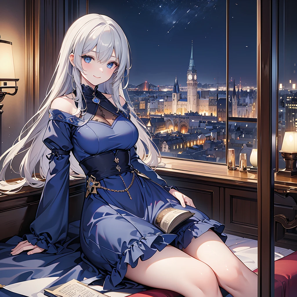 ((Highest quality)), ((masterpiece)) 、One woman, masterpiece, (High resolution), original, extremely detailed 8K , (Photorealistic:1.4),blue eyes ,Symmetrical body type,smile, Medieval European style street、dark blue dress、smile, blondes, Large Breasts, Gray Hair、city、Sitting in a chair、Luxurious Room、Very luxurious chair、sitting in front、Book placed on thigh、Crossing your legs、Very deep slit、Night view from the window、Wine on the table、((1 person))