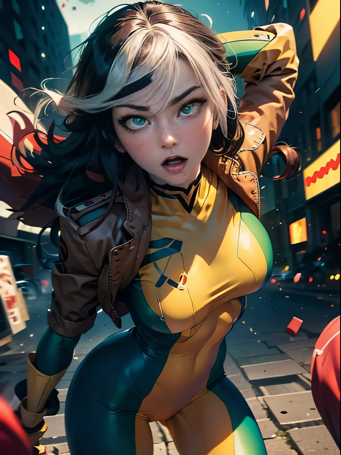 ((SUPERHEROINE ROGUE)) , ((She has long hair)), (She is wearing her uniform), (masterpiece, best quality) 1girl, Alone, (sexy, Pretty woman, Perfect face, perfect eyes), (cowboy shot:1.5), (ROGUE:1.5), (ahegao:1.5), (rolling eyes:1.5), dynamic pose, superhero battle pose. . ((((action)))), ((movement)), (((motion))), ((dynamic)), background, a city in the night, city lights, blur background.
