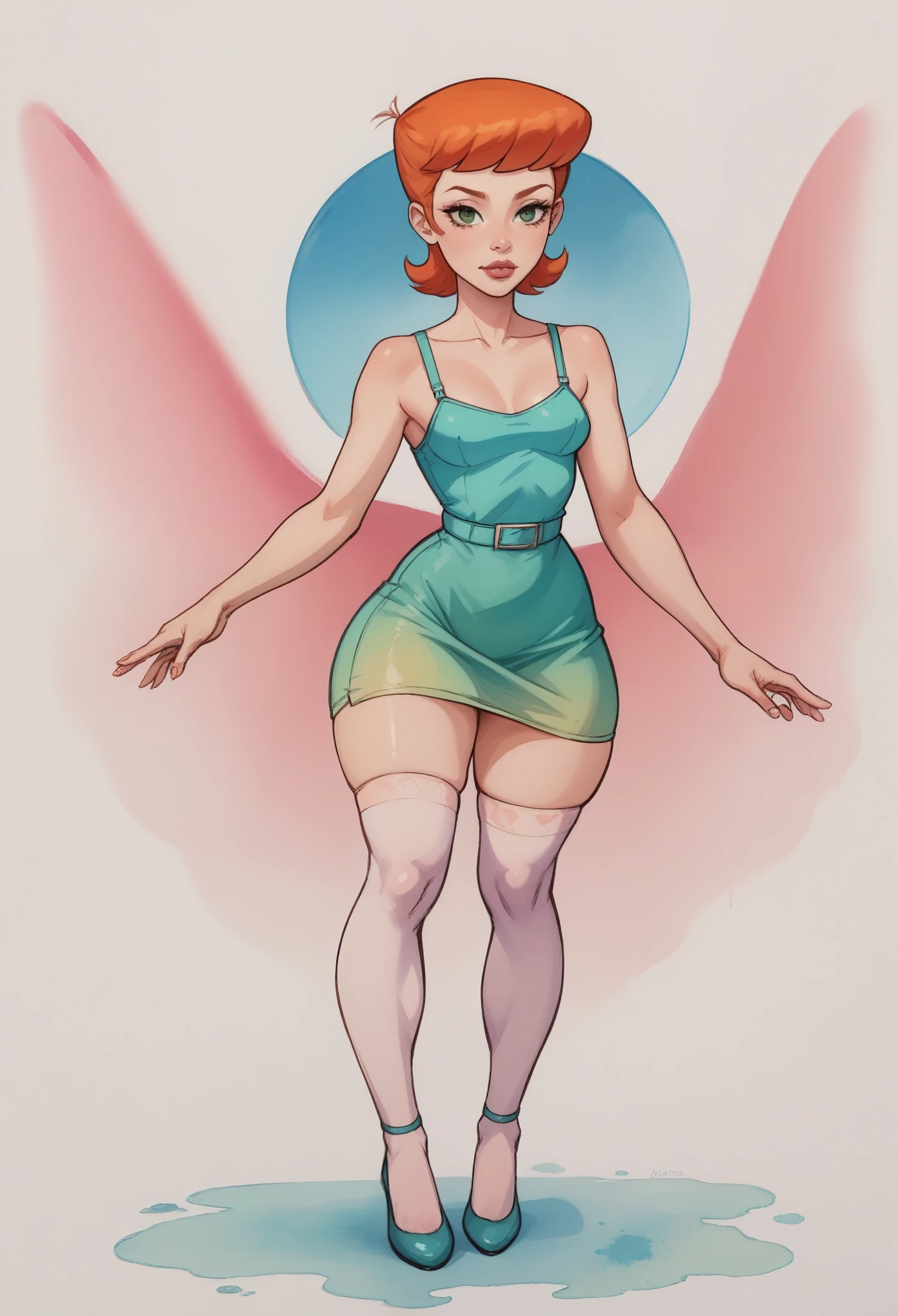 Dexter's mom. short hairstyle. ginger. green eyes. small saggy breasts. huge hips. bbw. big ass. yellow gloves. mini dress. stockings. heels. bar. (best quality, photorealistic, 1girl, solo, looking at viewer, , depth of field, (watercolor illustration, soft pastel colors:1.1), realistic,) 