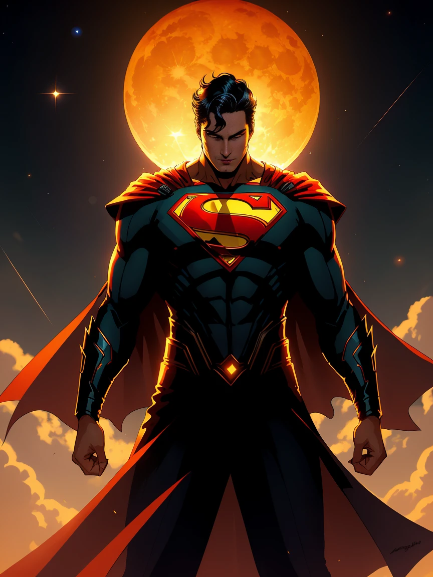 1man, superman, standing in front of a full moon,fire,aurora,burning,embers,glowing,cloud,glowing eyes,campfire,crescent moon,male focus,constellation,cloudy sky,light particles,flame,solo,night sky,diffraction spikes,dusk,full moon,sky,galaxy,space,sparkle,star \(sky\),molten rock,starry sky,moon,moonlight,gradient sky,night,lens flare,red moon,orange sky,outdoors,red sky,sunset,milky way,sun,planet,shooting star,purple sky,starry background,twilight,1man,
((best quality)),((masterpiece)),((highres)),((detailed)), original, extremely detailed 8K wallpaper,intricate details, hyperdetailed, hyper quality, high detail, ultra detailed,perfect lighting,, anime,comic,game CG,