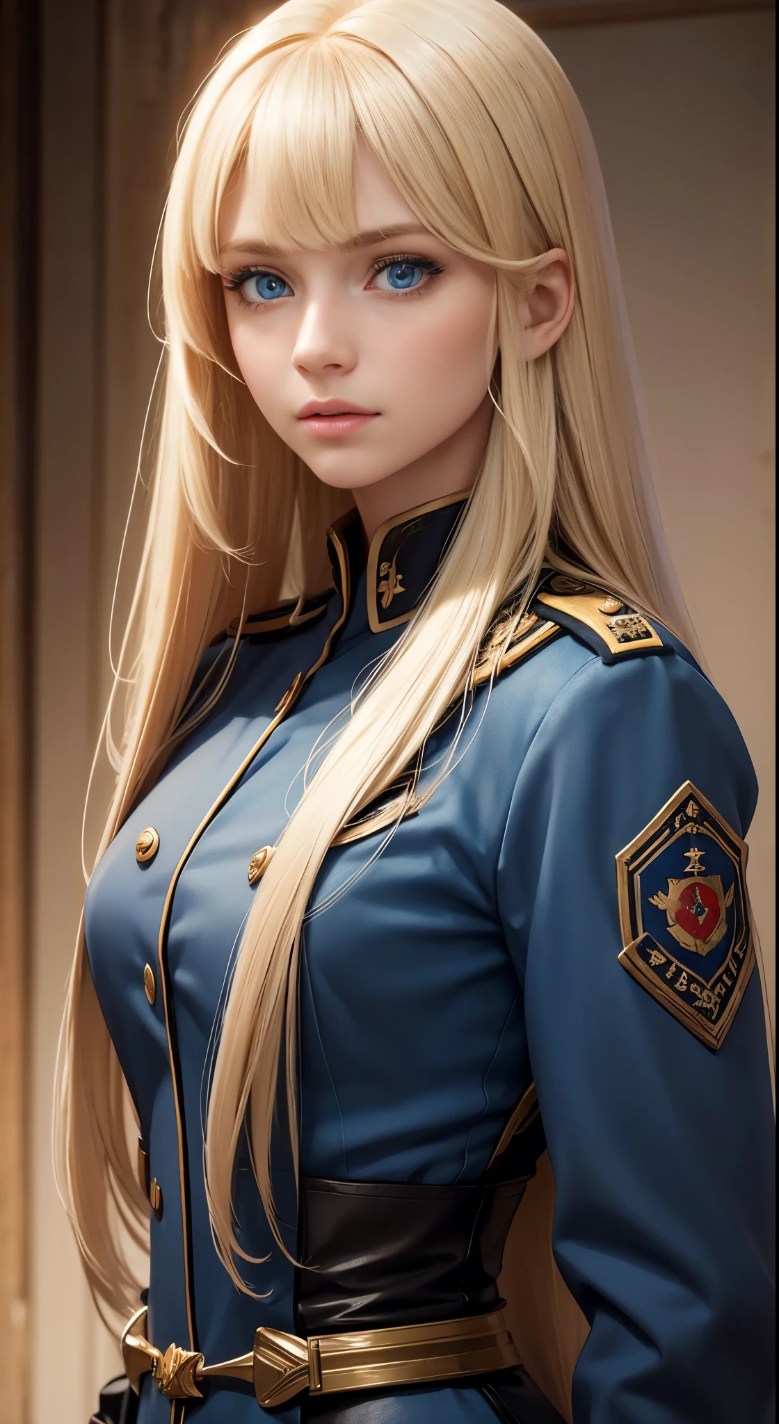 anime girl, 3d,  full body composition, messy light blond hair, eyes makeup, 18-years-old, cat ears, soft lighting, solo, dressed in an old military uniform, pose, colors, full body portrait, clean detailed faces, intricate clothing, cute face, slim waist, slim legs, small hips