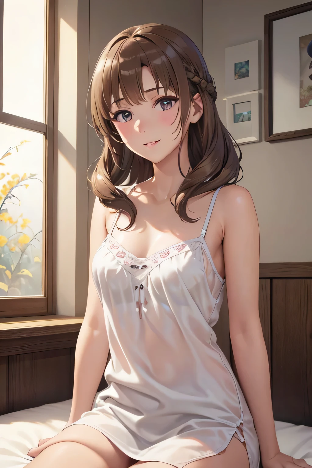 Shiny brown hair,  (Beautiful brown eyes、Shining eyes fine grain)、smile、超fine grain、Highly detailed face, Very fine grain,Cowboy Shot、40 years old


((Best Quality, 8k, masterpiece: 1.3)), 
Beauty, Hide your face, 1 female, beautiful: 1.3, 
 Camisole, ,short , (Sitting on the bed), 
 Highly detailed face, Highly detailed lips, fine grain, Double eyelids, wet, Sheer,