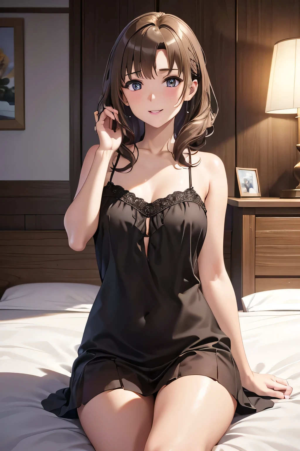 Shiny brown hair, (Beautiful brown eyes、Shining eyes fine grain)、smile、超fine grain、Highly detailed face, Very fine grain,Cowboy Shot、40 years old
((Best Quality, 8k, masterpiece: 1.3)),
Beauty, Hide your face, 1 female, beautiful: 1.3,
Camisole, ,short , (Sitting on the bed),
Highly detailed face, Highly detailed lips, fine grain, Double eyelids, wet, Sheer,