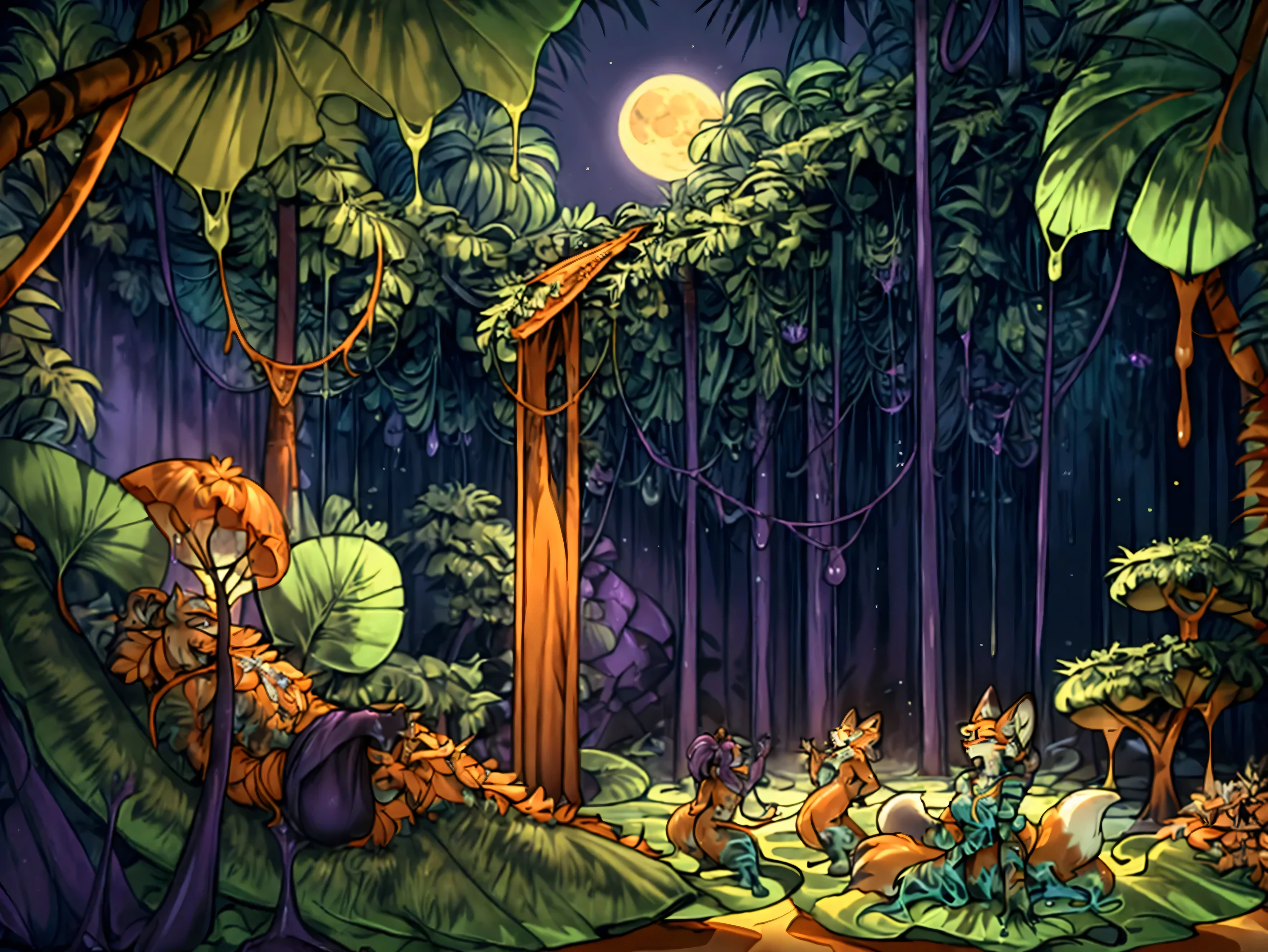 ((Anthropomorphic fox-slime girls, dancing wildly on a floating jungle landmass)). An orange harvest moon sits in the dark purple sky, peeking through the canopy. Sexy, Muscular, well-toned abs, wild hairstyle, tattered regal dress, sharp fangs and claws, small breasts