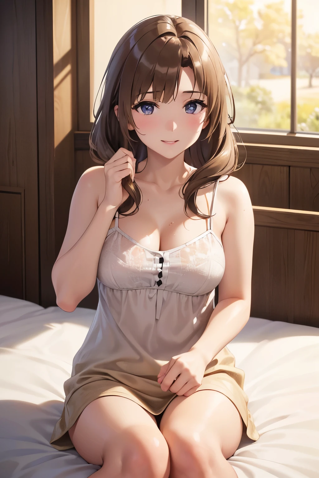 Shiny brown hair, (beautiful茶色の目、輝く目fine grain)、smile、超fine grain、Highly detailed face, Very fine grain,Cowboy Shot、40 years old
((Best Quality, 8k, masterpiece: 1.3)),
Beauty, Hide your face, 1 female, beautiful: 1.3,
camisole, ,short , (Sitting on the bed),
Highly detailed face, Highly detailed lips, fine grain, Double eyelids, Wet, Sheer,