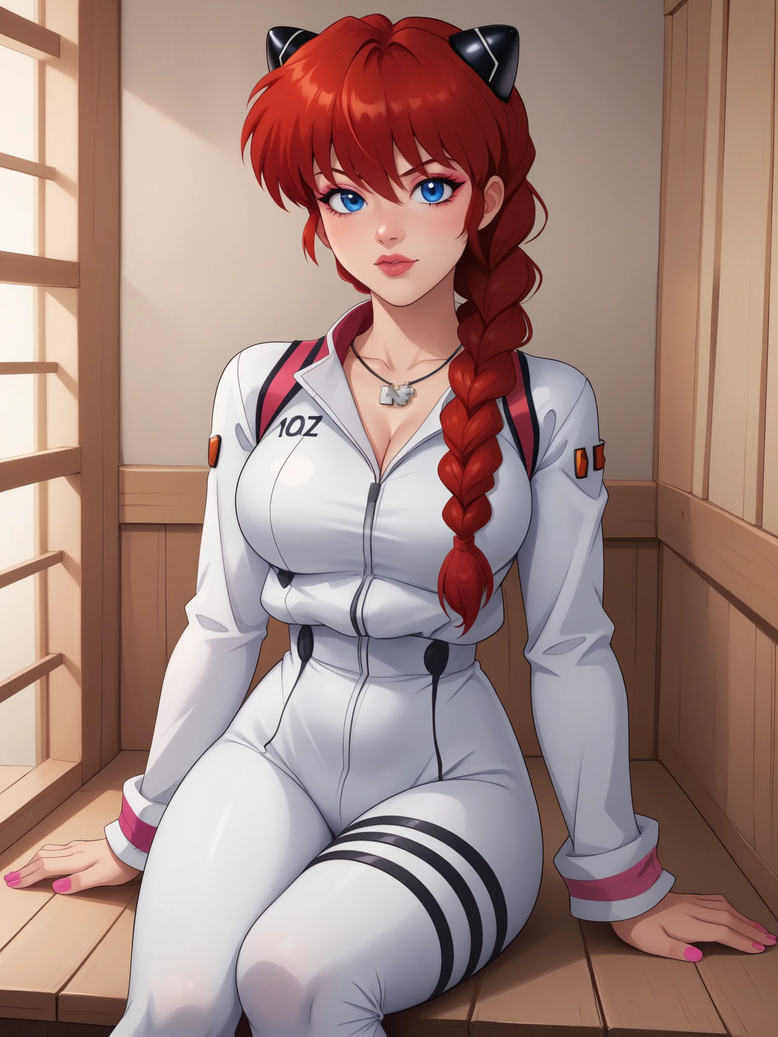 Ranma Saotome. red hair. Blue eyes. braid. . necklace. Evangelion cosplay costume. shelter from consequences suit. pink eyeliner. pink manicure. there is. sitting
