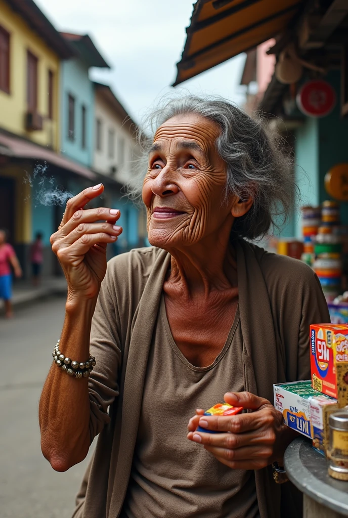 Rugged old woman smoking a cigar, rural Cuba, tobacco field