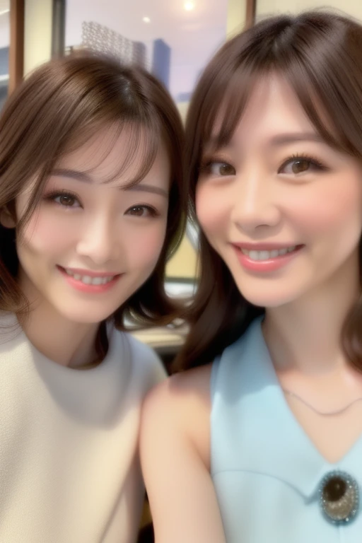 (2 womans selfie) 
Brown hair wavy texture hairstyle bangs Japanese beautiful woman realistic (masterpiece 8k top quality) softlight grin smile 
and
blackhair long slender Japanese lady 40years old smile