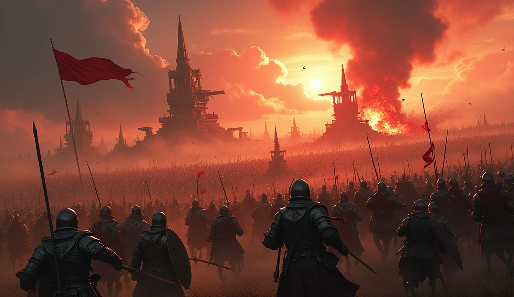 A colossal battlefield stretching across vast plains, with two massive armies clashing in a furious, chaotic battle. Soldiers in intricate armor charge with swords, shields, and spears, while cavalry races through, kicking up dust. Explosions from distant artillery light up the sky, which is darkened by ominous storm clouds. Massive war machines, towering siege engines, and fiery catapults dominate the horizon. In the heat of the battle, warriors engage in fierce combat, sparks flying from clashing weapons. Flags from both sides flutter violently in the wind, and a blood-red sunset casts an eerie glow over the chaos. The air is thick with smoke, fire, and the sound of war cries.