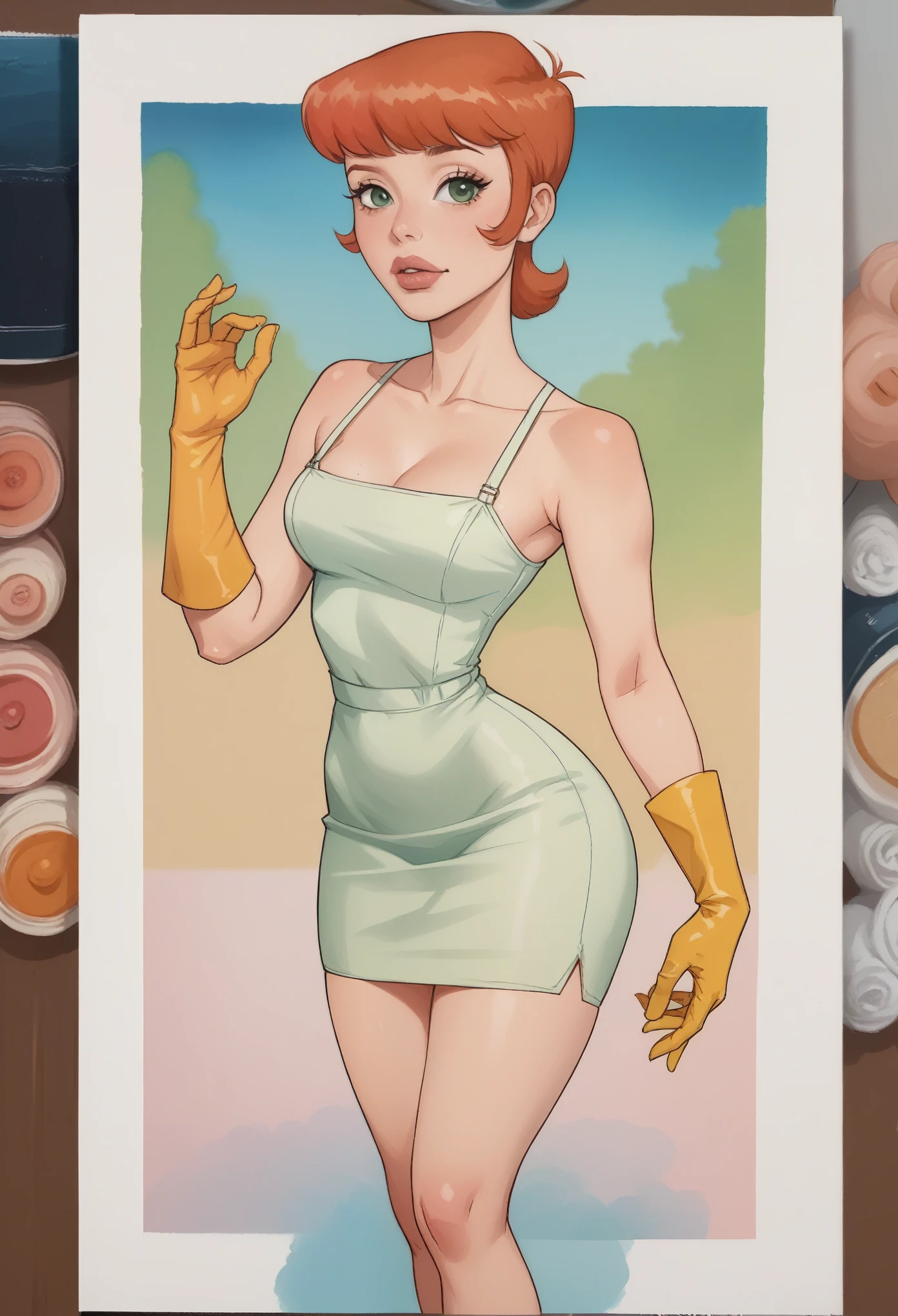 Dexter's mom. short hairstyle. ginger. green eyes. small saggy breasts. huge hips. bbw. big ass. yellow gloves. mini dress. stockings. heels. bar. (best quality, photorealistic, 1girl, solo, looking at viewer, , depth of field, (watercolor illustration, soft pastel colors:1.1), realistic,) 