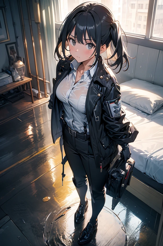 1 female, , high quality, masterpiece, Ultra-high resolution, , Cinema Lighting, , , And the suspenders with the cranes flying　　　Large Breasts　 　 　　　　Small face　 　　　holster　　　　　　　 Lying in bed　Looking up　　　　Sweat 　　　belt　summer　脇Sweat 　Black Hole Gloves　suit　shirt　　Black jacket　 Black trousers　Leg Links　ズボンにbelt　　holster　 　　Hands behind your back　 Anxious expression　Looking up　Anxious face, legs apart　Armament　Handgun　handcuffs　Cable ties　レッグholster　holster　See-through clothing　heavy rain　Getting wet in the rain
