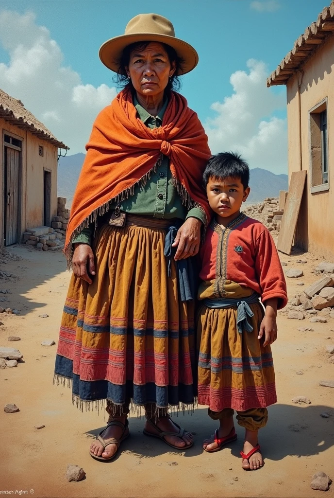 A Bolivian woman in a skirt with her baby