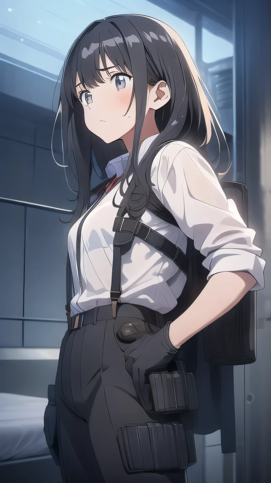 1 female, , high quality, masterpiece, Ultra-high resolution, , Cinema Lighting, , , And the suspenders with the cranes flying Large Breasts Small face holster Lying in bed Looking up Sweat belt summer 脇Sweat Black Hole Gloves suit shirt Black jacket Black trousers Leg Links ズボンにbelt holster Hands behind your back Anxious expression Looking up Anxious face, legs apart Armament Handgun handcuffs Cable ties レッグholster holster See-through clothing heavy rain Getting wet in the rain