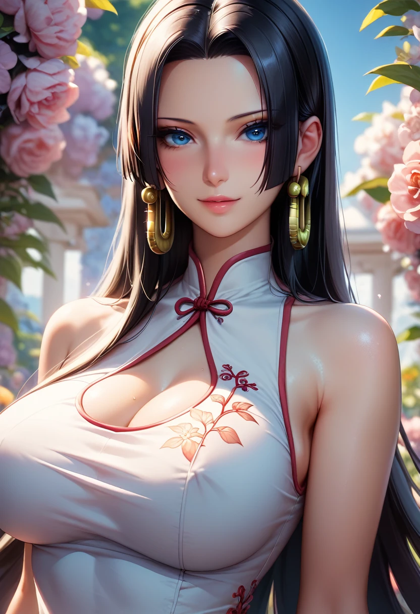 Perfect、(sauce_anime, Boa Hancock, Black Hair, blue eyes, Long Hair, amount, Large Breasts)、Black background、Cool look、Professional work、Professional Lighting。Detailed face、Detailed eyes。(China dress、pastel colour)、sexy、nsfw、Cowboy Shot、Best Angle, half body, background flowers,
