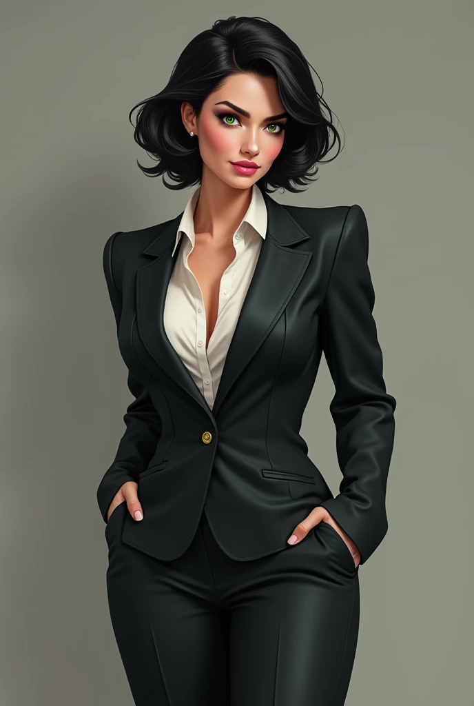 Big tits and big ass black hair girl wearing glasses and black blazer jacket with white stripes that shows her cleavage and black striped mini skirt
