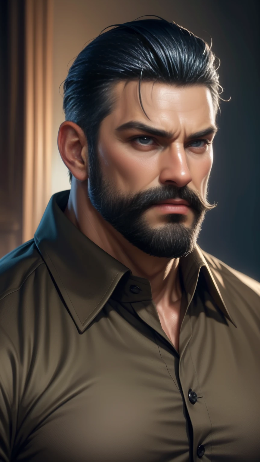 a muscular man, middle-aged, 56 y.o, quiff hairstyle, dark blue hair, dark blue mustache, dark blue beard, beige blouse, dark brown khaki trousers, handsome face, detailed eyes, nose and lips, 8k, high quality, photorealistic, dramatic lighting, cinematic