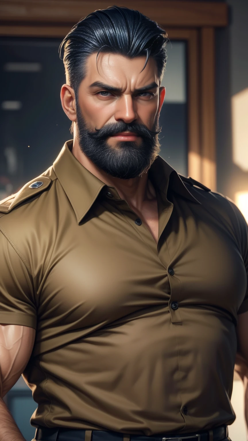 a muscular man, middle-aged, 56 y.o, quiff hairstyle, dark blue hair, dark blue mustache, dark blue beard, beige blouse, dark brown khaki trousers, handsome face, detailed eyes, nose and lips, 8k, high quality, photorealistic, dramatic lighting, cinematic