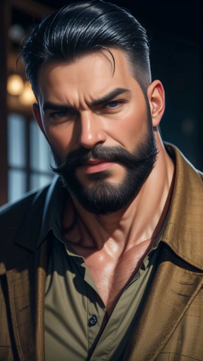 a muscular man, middle-aged, 56 y.o, quiff hairstyle, dark blue hair, dark blue mustache, dark blue beard, beige blouse, dark brown khaki trousers, handsome face, detailed eyes, nose and lips, 8k, high quality, photorealistic, dramatic lighting, cinematic