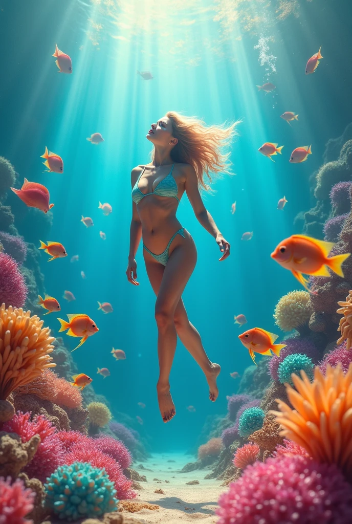(masterpiece), (very complicated: 1.3), (realistic), portrait of a girl, floating underwater, air bubbles escape from the mouth, (dynamic perspective), the most beautiful of the world, (swimsuit), satin reflection, exterior, intense sunlight, distant plant group, stunning female professional photo details, sharp focus, dramatic, awards history, cinematic lighting, Octane Rendering Unreal Engine , dtx volumetry, (film grain, background blur, foreground blur, Bokeh, depth of written boundaries, corals and fish in the background, motion blur: 1.3), (wet hair: 1.0),