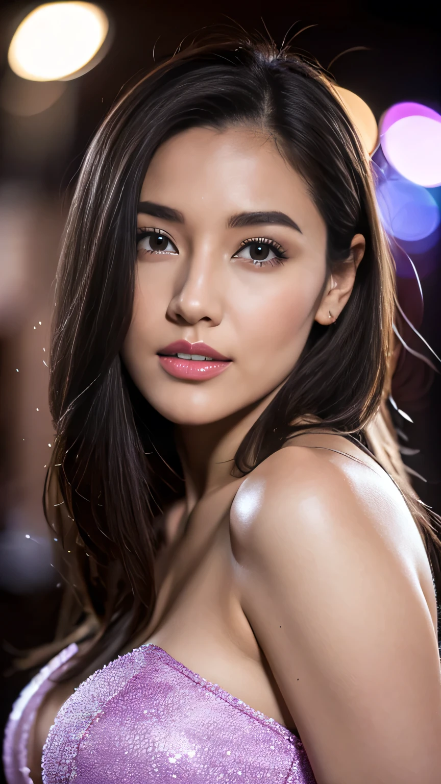 Realistic, Highest quality, 8k, woman, 20-year-old, Sexual G-string, Large Bust, Long Hair, Ultra-detailed skin textures, Soft Lighting, Fairy, Bokeh, soft  purple Lipstick, Sensual Lipstick, Sensational Make up 