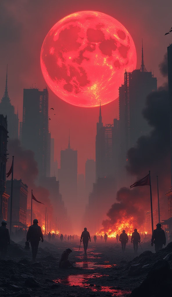 a post-apocalyptic city, under a red moon