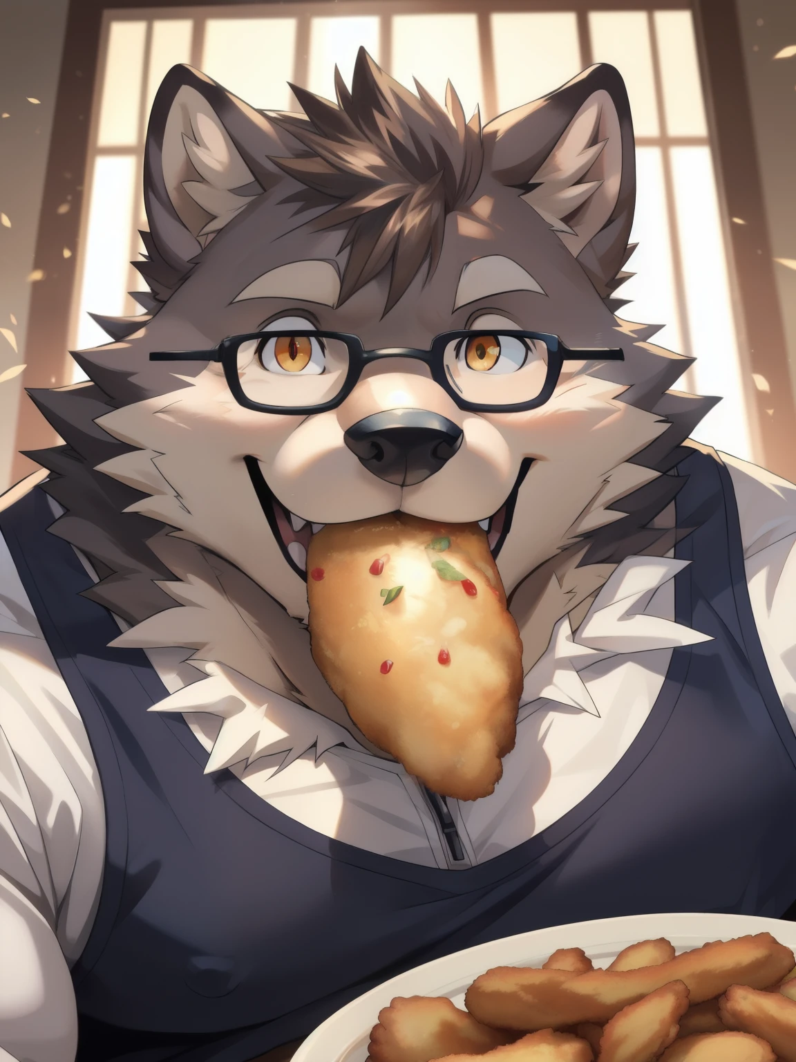 bright eyes, (by Pino Daeni:0.6), (by Takemoto Arashi), furry, Siberian wolf, white singlet, stone blue fur, Golden pupils, glasses, chubby, plump face, endomorph body, solo, claws, eating fried chicken, delicacy, Simple warm background, Face close-up, Very happy atmosphere, Open your mouth and eat fried chicken, dynamic lighting, looking at viewer, close-view portrait, pov, foreshortening, foreshortening, masterpiece, best quality, accurate,