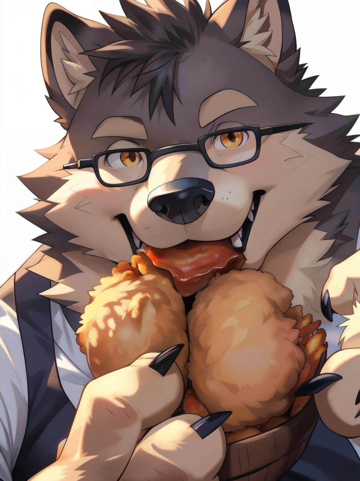 bright eyes, (by Pino Daeni:0.6), (by Takemoto Arashi), furry, Siberian wolf, white singlet, stone blue fur, Golden pupils, glasses, chubby, plump face, endomorph body, solo, claws, eating fried chicken, delicacy, Simple warm background, Face close-up, Very happy atmosphere, Open your mouth and eat fried chicken, dynamic lighting, looking at viewer, close-view portrait, pov, foreshortening, foreshortening, masterpiece, best quality, accurate,