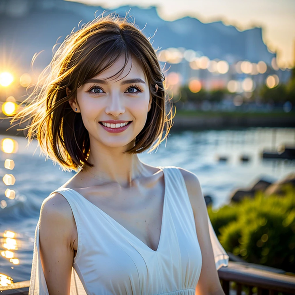 8k,Brown short hair,Very slim body、Japanese actress,Super Beauty(Like the real thing),Wine Party、wine glass、sparkling wine、full-course dinner,Neat and clean dresses,Cocktail Dresses、Big smile,Amazing view of the sunset sky and clouds、,Perfect Anatomy,charm,Volume measurement,Body balance,Digital single-lens reflex camera, Soft lighting, Detailed Background, Written boundary depth, Volumetric lighting, Sharp focus, Absurd, Realistic proportions, Excellent anatomy, (Realistic, 超Realistic:1.4), 16k hdr, dawn,High resolution,super Realistic 肌,super beautiful expression,Fantasy art,Character Art,Wind effects:1.9、Cloud Effect:1.2、Full Rendering、プロ品質のHigh resolution、Perfect contrast、Perfect lighting、Perfect composition、Perfect Skin、Perfect Fingers、Perfect breasts、Perfect Hair、Perfect Face、Realistic facial features,Highest quality,Slim figure,Perfect body line,Perfect hand shape,Anatomical Body Balance,Highly detailed face,Highly detailed eyes,Beautiful Lips,Excellent light particles,Cinema Lighting,compensate,超High resolution,Ultra-Realistic Skin,Dynamic pose,blue eyes,