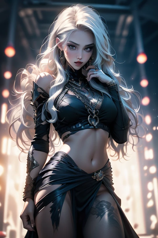 In an eerie moonlit meadow, a cheerful girl with unnatural Pastel Silver hair dons vibrant azure attire emitting an otherworldly glow. She embodies an enigmatic nighttime existence, her allure taking on an intriguing quality. Adorning pink sheer pantyhose shimmering like moonlight, her warm, radiant eyes defy the surrounding darkness. Set under a haunting celestial event, blending surreal aesthetics, this moment is visually captivating and thought-provoking. Her transformed attributes enhance her magnetic allure. Her body is elegantly framed from the knees up, capturing the enigmatic beauty of this otherworldly night.