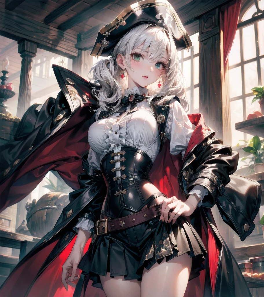 absurdres, RAW photo, extremely delicate and beautiful, masterpiece, Best Quality, ultra high resolution, 32k, hyperrealistic, ultra-detailed, detailed description, pale skin, 20 years old, tearful mole, earring, Colossal tits, short medium hair, wavy hair, Practical pirate clothing, Long-sleeved pirate top, Skirt,