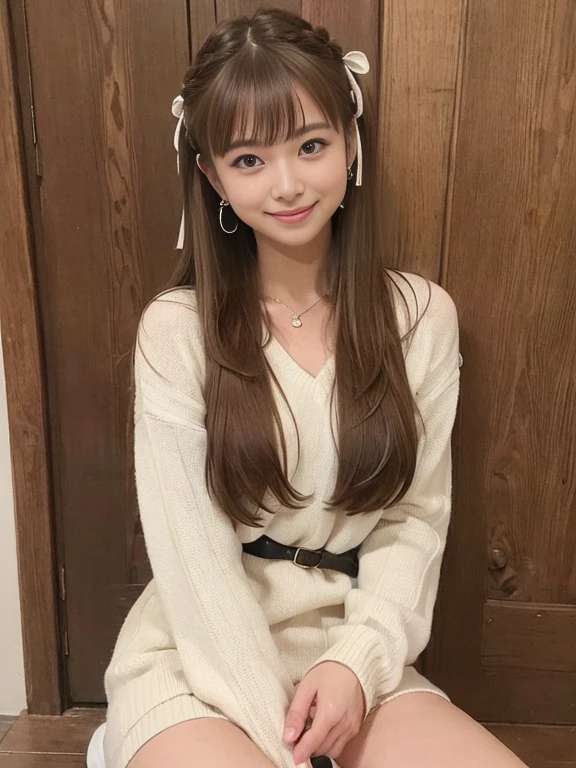 highest quality,masterpiece,超A high resolution,RAW Photos,One Girl,Loose perm hair、length、brown hair、Arms crossed、Japanese、Loose perm hair、length、brown hair、smile、Arms crossed、Professional photography、Same skin type as humans、A woman dressed in Japan from head to toe、Blur the background、Anatomical accuracy、Very detailed and beautiful、Ultra HD、length、Her hair is flowing and sexy、Very detailed beautiful girl、Shoulder-length hair、sweater、shopping、window shopping、Inside a store that sells underwear、big mirror