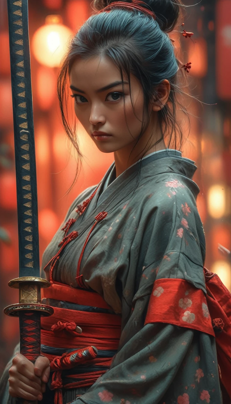 Samurai, 2 woman, Hyperrealism, very detailed skin, 4k,,, AshleyWoodArtAI,, katana profile picture, Organic painting, Evening, matte paint, Bold shapes, hard edges, street art, Trends in Artstation, By Huang Guangjian, Gil Elvgren y Sachin Teng, glow, katana