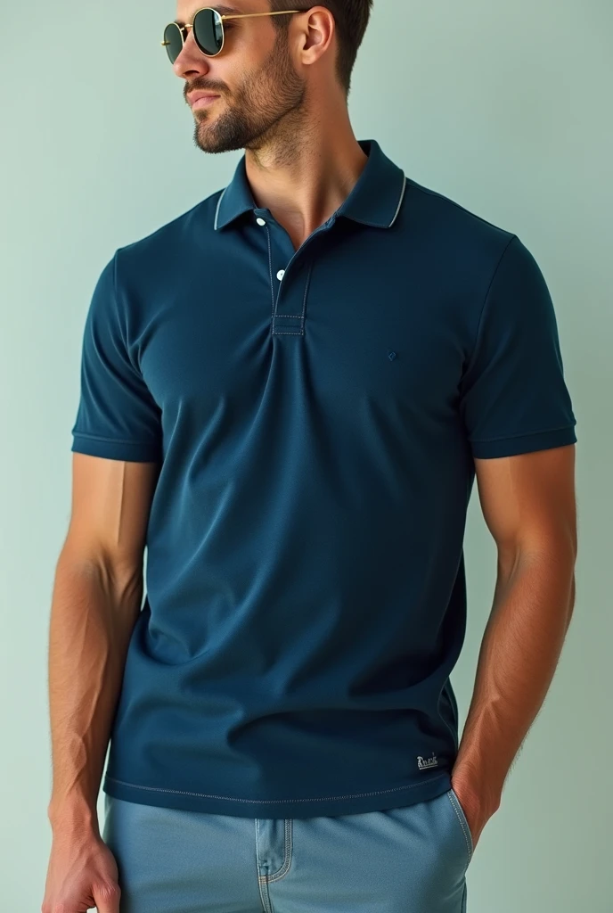 a man in a blue shirt and jeans posing for a picture, wearing a dark blue polo shirt, wearing polo shirt, in a dark teal polo shirt, wearing a light blue shirt, medium blue, blue clothing, blue shirt, sky blue, collared shirt, modern casual clothing, short sleeves, plain uniform sky, aqua, light-blue, blue, blue tight tshirt