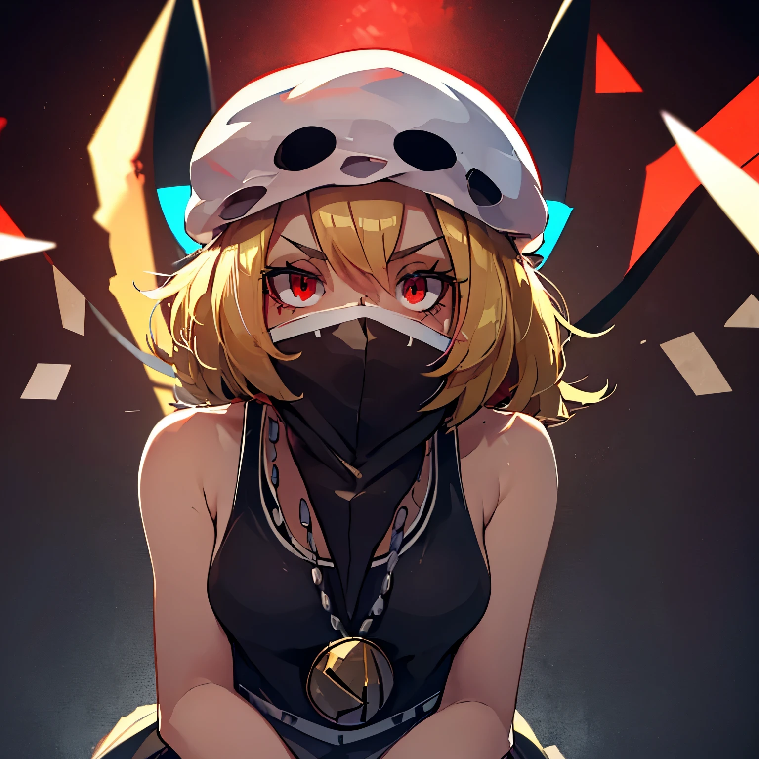 (insanely detailed, beautiful detailed face, masterpiece, best quality), ((masterpiece)),((best quality)),(highres), bokeh, looking at viewer, solo, 1girl, cowboy shot, skullgrunt, covered mouth, bandana, hat, tank top, short shorts, wristband, jewelry, necklace, small breasts, flandre_scarlet_touhou, blonde_hair, wings, red_eyes, crystal, bangs, one_side_up, ribbon, bow, hair_between_eyes, red_bow, red_ribbon, hat_ribbon, short_hair, (((all fours, crawl, crwling))), ass, looking from back, view from back, from back, from behind