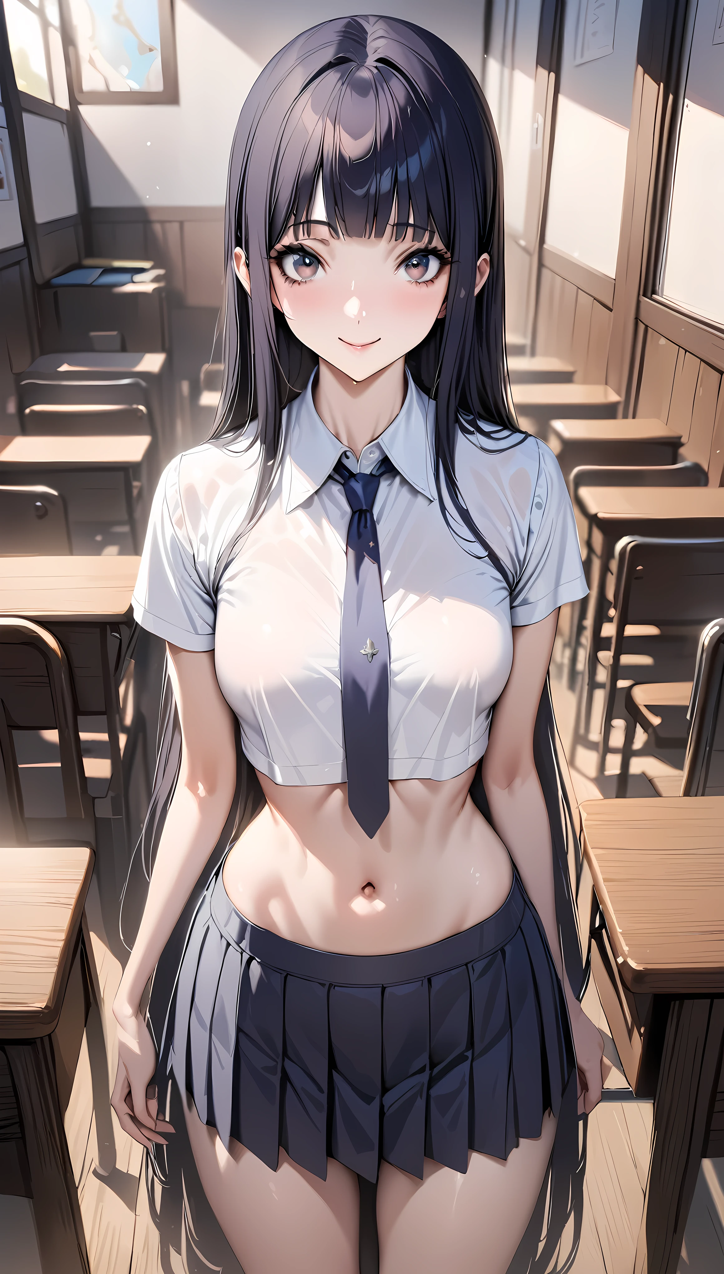 ((masterpiece,best quality anime:1.3,Best Quality)),realistic,cowboy shot,portrait,1woman,young adult,(dark blue hair),straight long hair,bangs,(very small head),gray eyes,(gorgeous big eyes),smile,(very long body),medium breasts,(School uniform,collared white shirt,Short sleeve、Navy blue pleated mini skirt,Navy blue tie),(slender body,toned body),standing,Simple chair、Simple desk、classroom、School、