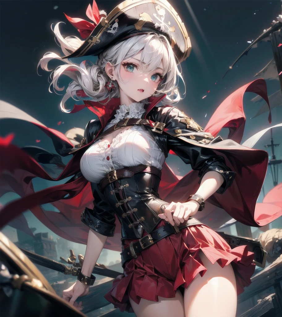 (Practical pirate clothing), Long-sleeved pirate top, Skirt, torn pirate hat, absurdres, RAW photo, extremely delicate and beautiful, masterpiece, Best Quality, ultra high resolution, 32k, hyperrealistic, ultra-detailed, detailed description, pale skin, 20 years old, tearful mole, earring, big tits, short medium hair, wavy hair, whole body shot,