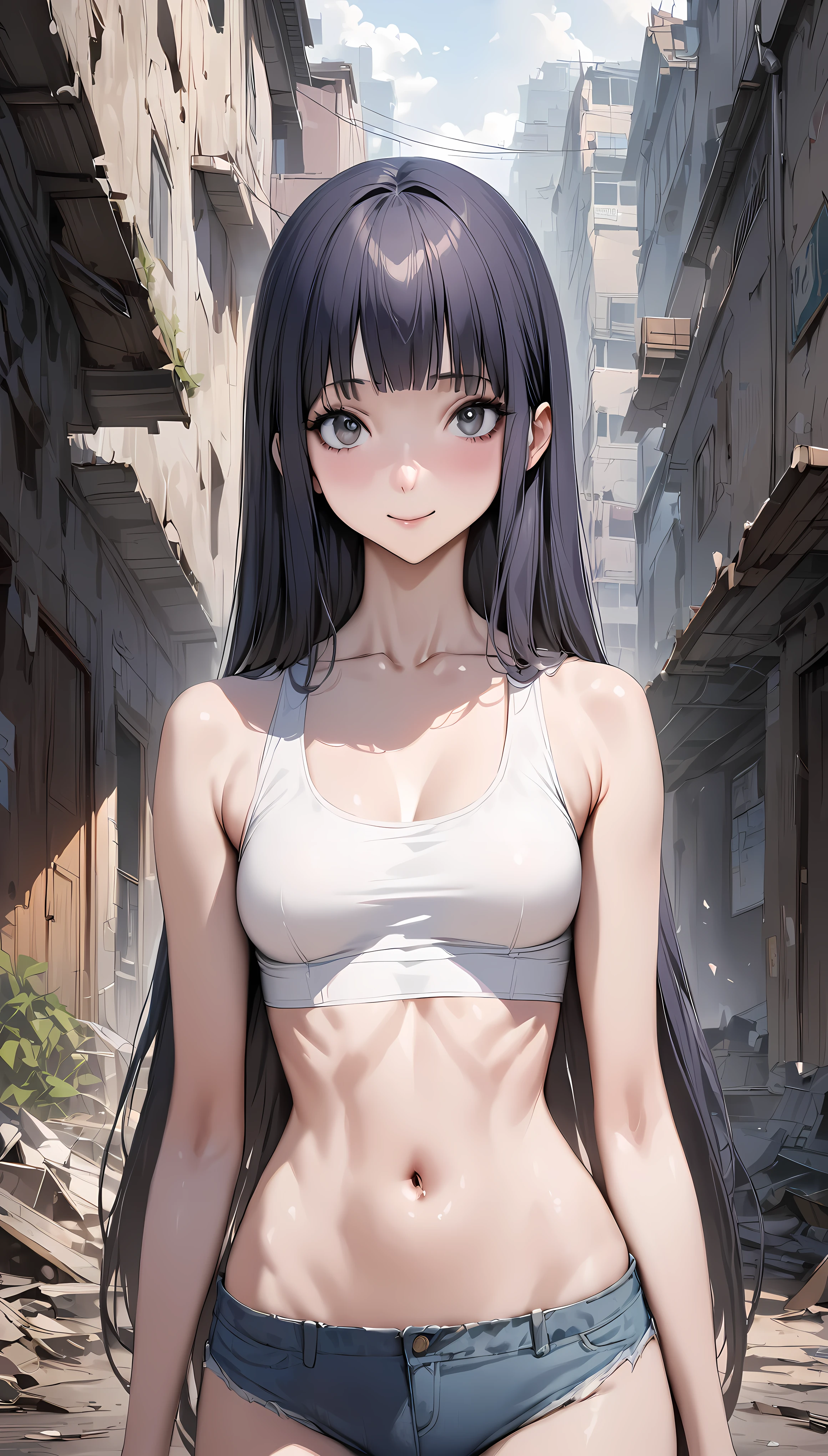 ((masterpiece,best quality anime:1.3,Best Quality)),realistic,cowboy shot,portrait,1woman,young adult,(dark blue hair),straight long hair,bangs,(very small head),gray eyes,(gorgeous big eyes),smile,(very long body),medium breasts,(Combat Uniform、White tank top、navel、Denim shorts),(slender body,toned body),standing,on street,Collapsed Buildings、Dilapidated cityscape、End of the World、